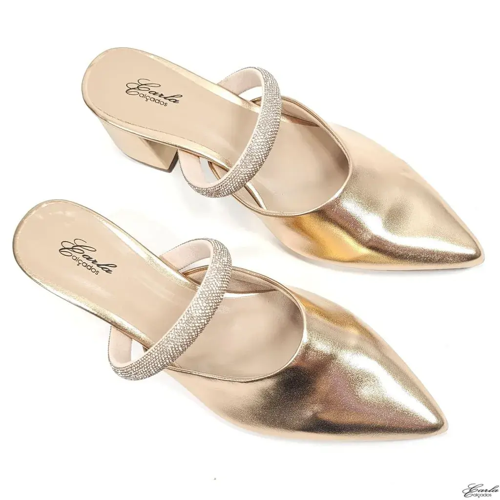 Scarpin Salto Bloco 5cm Metalizado Cobre Strass Tamanho Especial Scarpin Salto Bloco 5cm Metalizado Cobre Strass Tamanho Especial