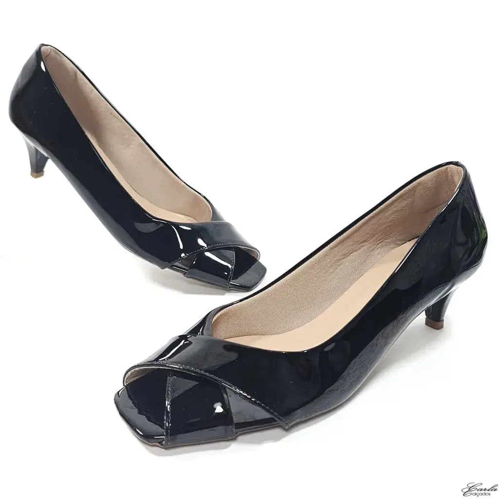 Peep Toe Salto Fino 5cm Verniz Preto Tamanho Especial Peep Toe Salto Fino 5cm Verniz Preto Tamanho Especial