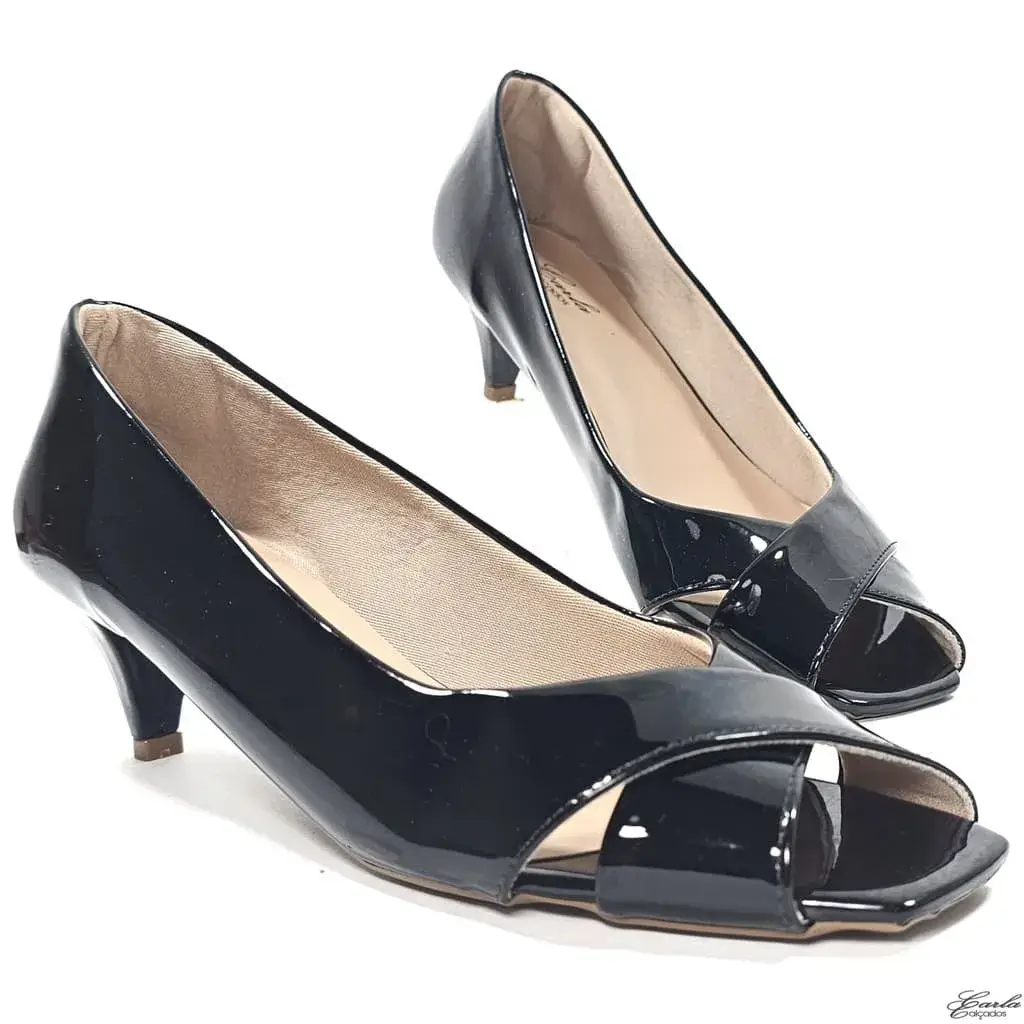 Peep Toe Salto Fino 5cm Verniz Preto Tamanho Especial