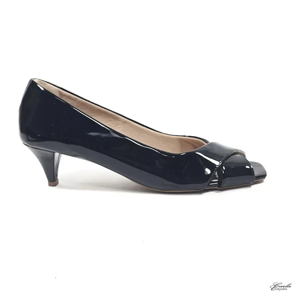 Peep Toe Salto Fino 5cm Verniz Preto Tamanho Especial