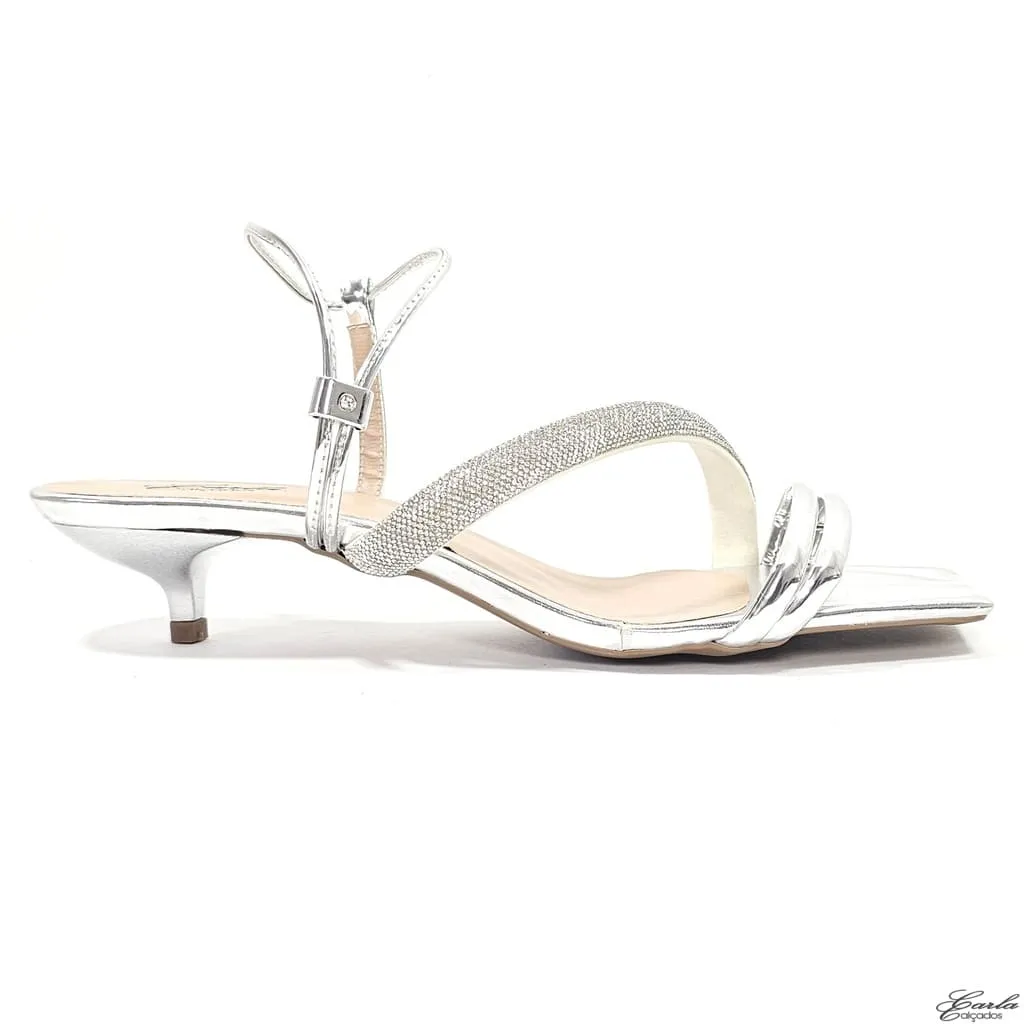 Sandália 3cm Metalizada Prata Strass Tamanho Especial