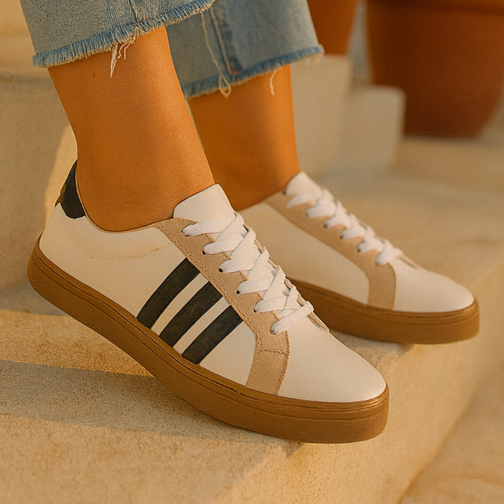 Tênis Casual Branco Listras Preto Sola Bege Tamanho Especial