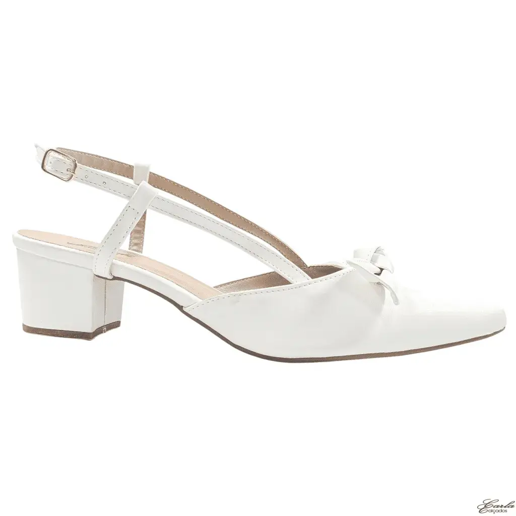 Scarpin Slingback Salto Bloco 5cm Branco Laço Tamanho Especial