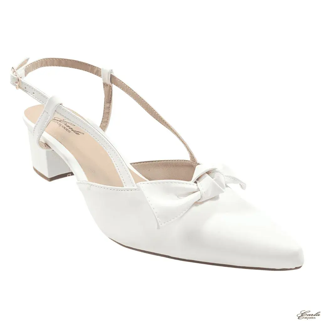 Scarpin Branco Tamanho Especial (3) Scarpin Slingback Salto Bloco 5cm Branco Laço Tamanho Especial