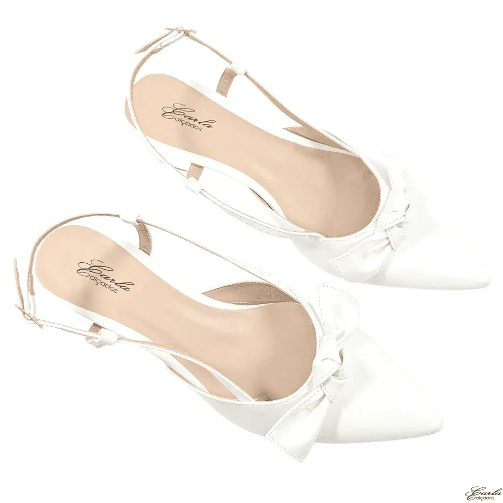 Scarpin Branco Tamanho Especial (5) Scarpin Slingback Salto Bloco 5cm Branco Laço Tamanho Especial