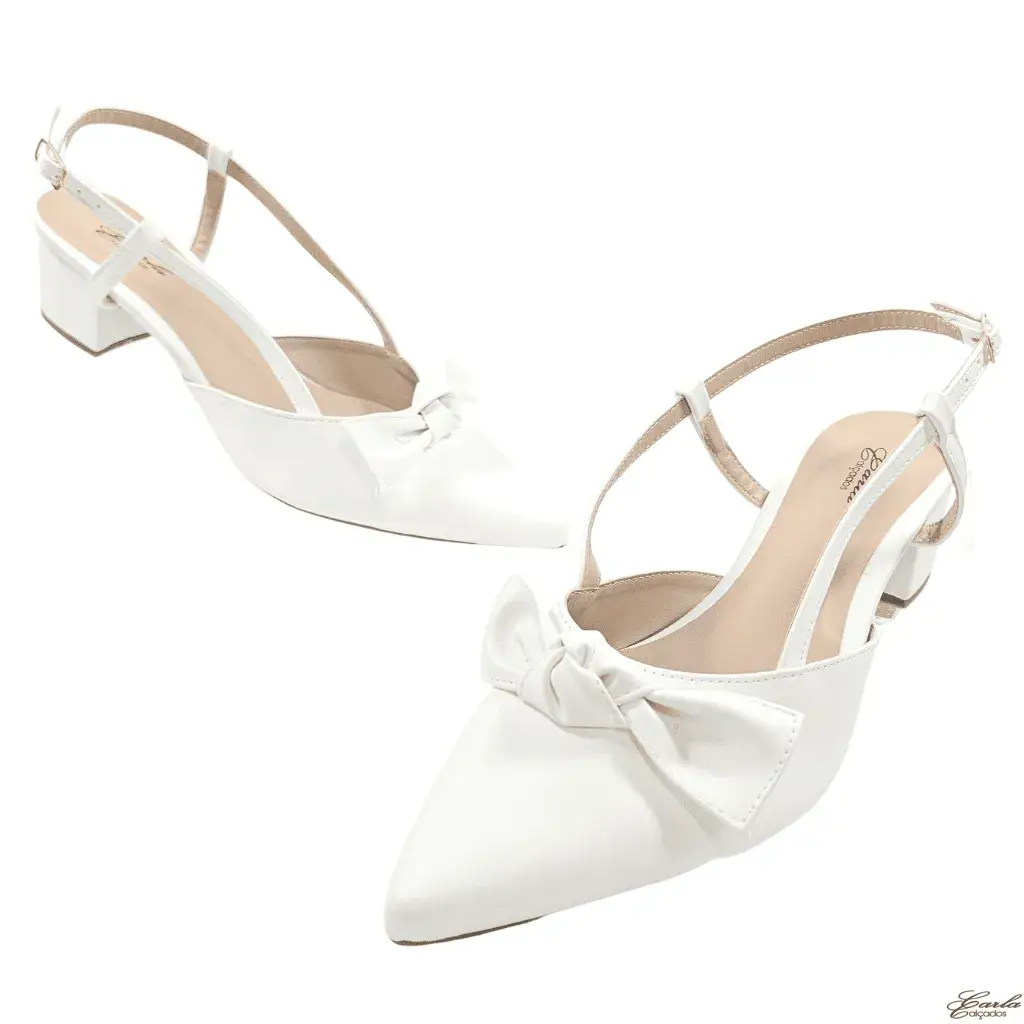 Scarpin Branco Tamanho Especial (6) Scarpin Slingback Salto Bloco 5cm Branco Laço Tamanho Especial