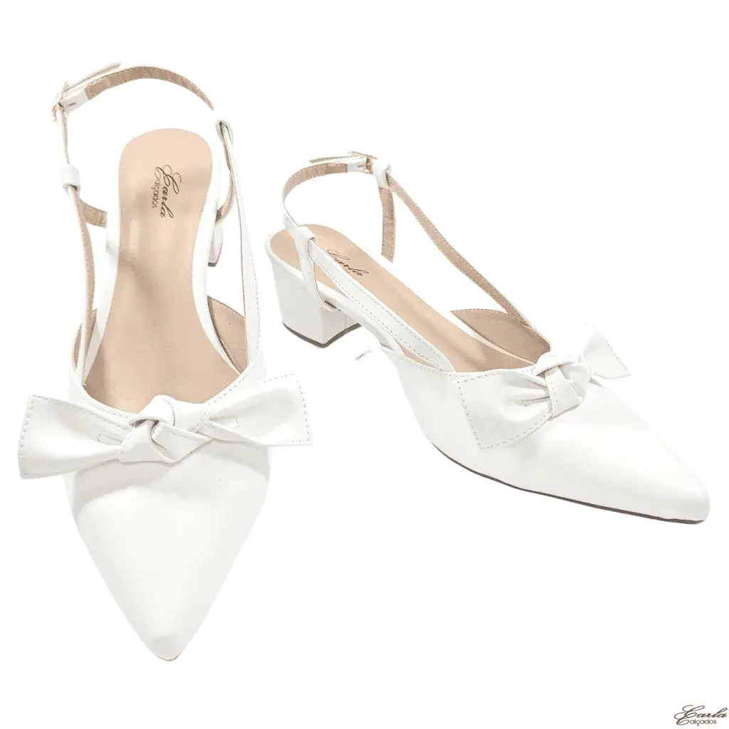 Scarpin Branco Tamanho Especial (7) Scarpin Slingback Salto Bloco 5cm Branco Laço Tamanho Especial
