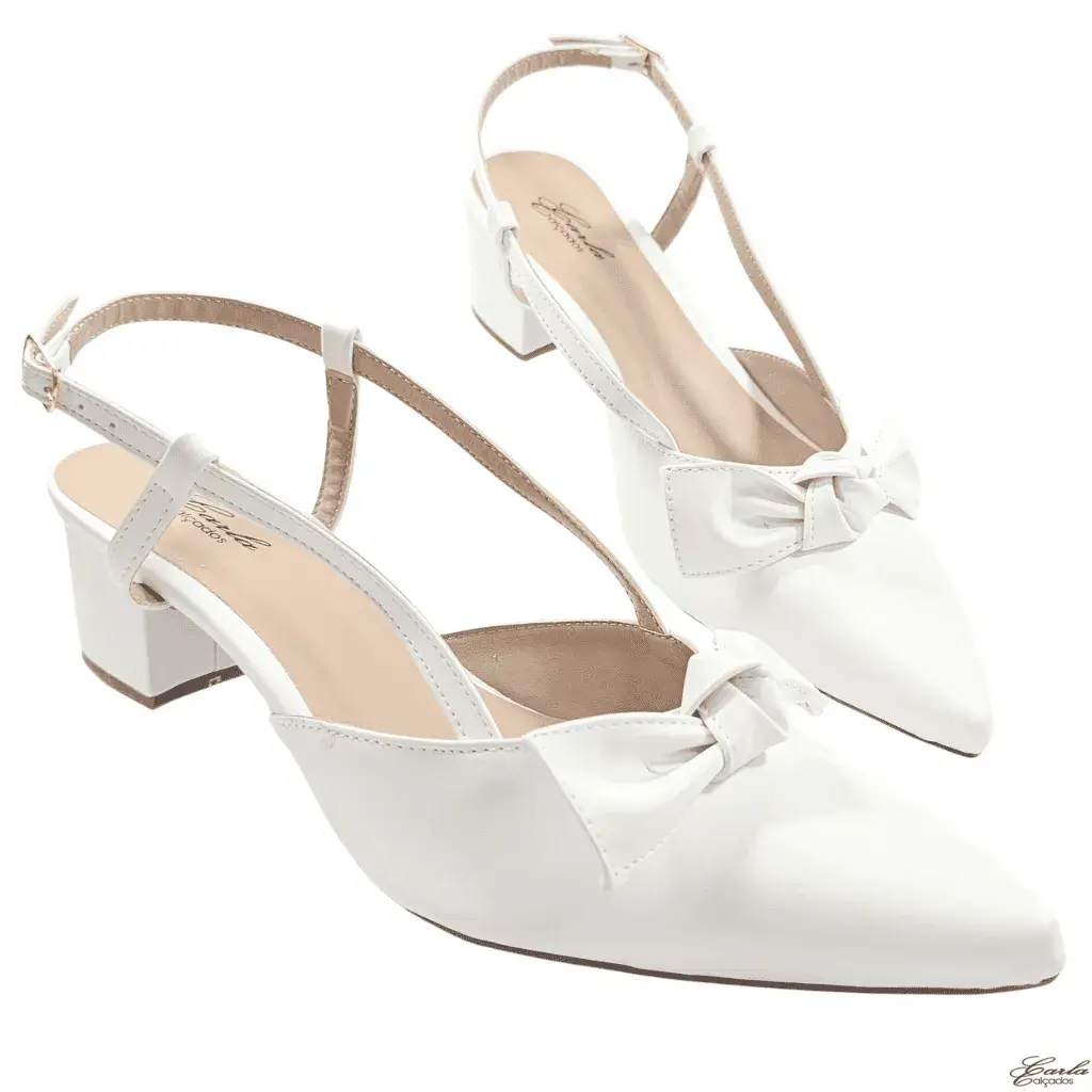 Scarpin Slingback Salto Bloco 5cm Branco Laço Tamanho Especial