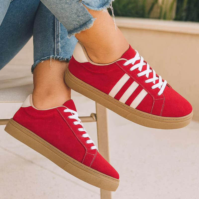 Tênis Casual Vermelho Listras Sola Bege Tamanho Especial