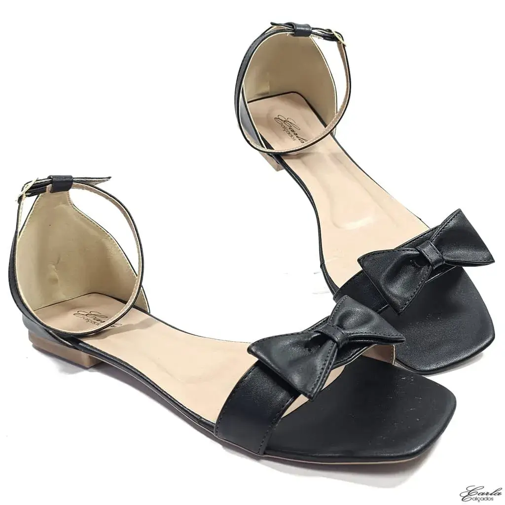 Rasteirinha Preta Laço Bico Quadrado Tamanho Especial