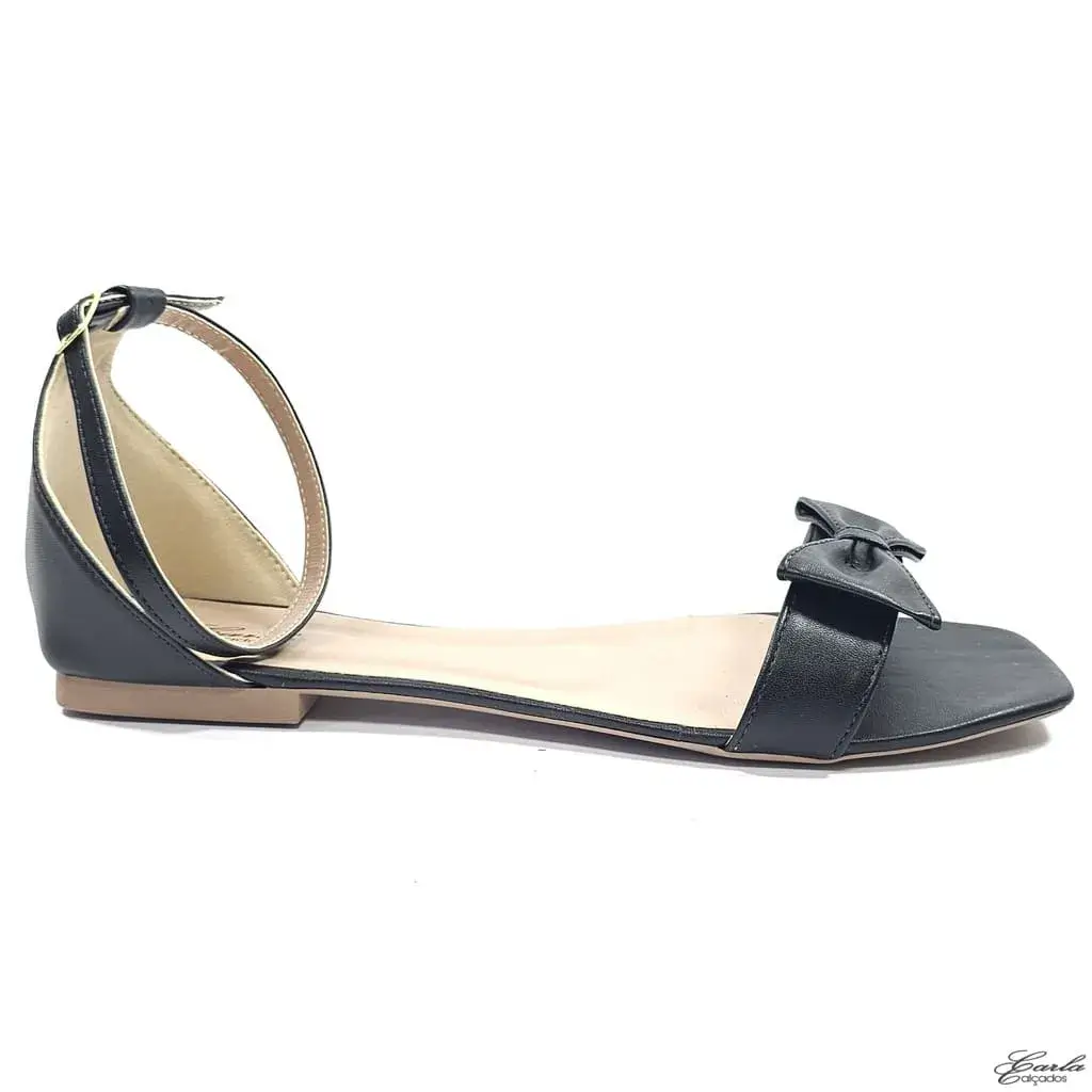 Rasteirinha Preta Laço Bico Quadrado Tamanho Especial