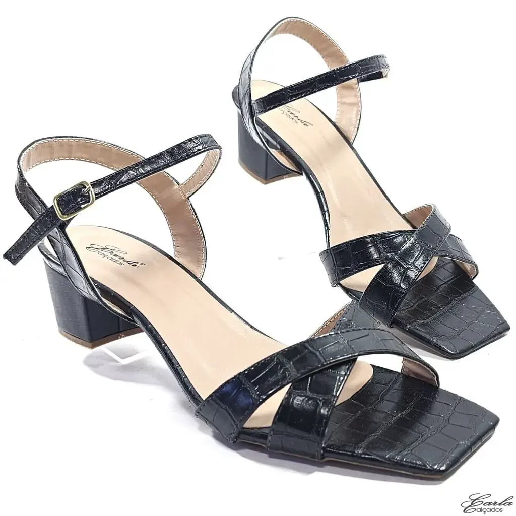 Sandália Salto Bloco Preta Croco 5cm Tamanho Especial