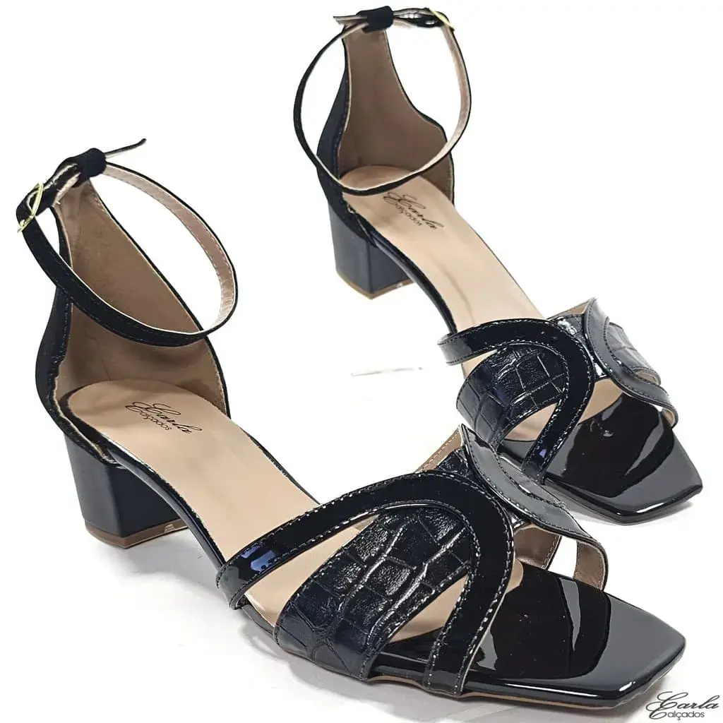 Sandália Salto 5cm Verniz Preta Croco Tamanho Especial