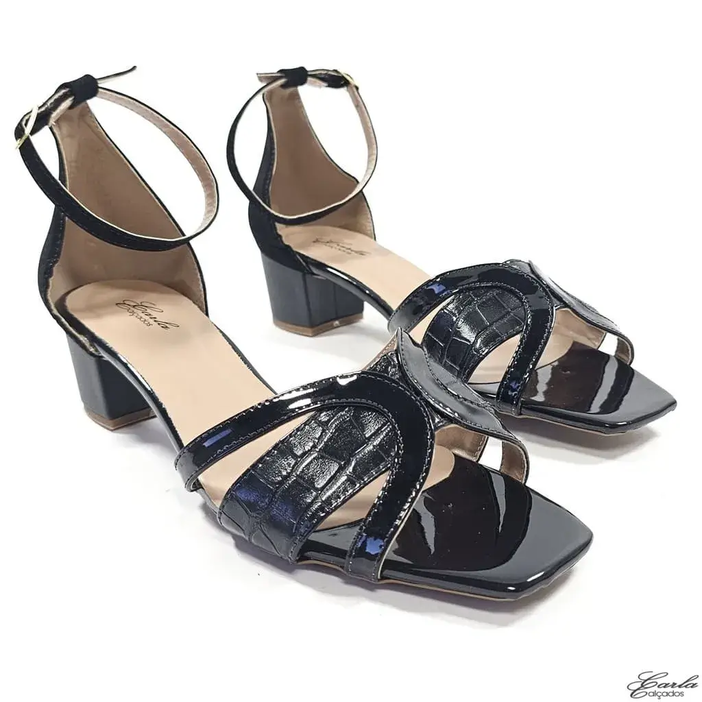 Sandália Salto 5cm Verniz Preta Croco Tamanho Especial