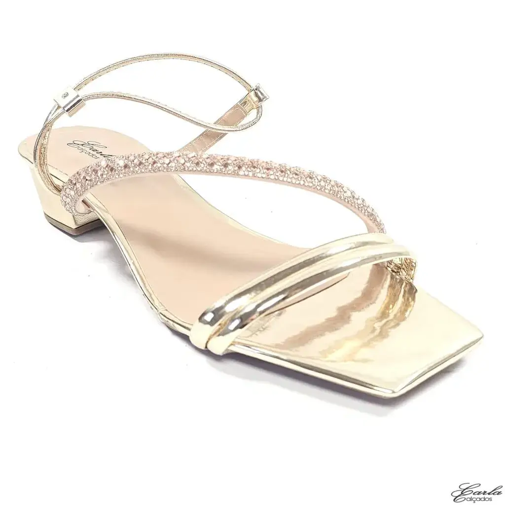 Sandália Salto 3cm Metalizada Dourada Strass Tamanho Especial Sandália Salto 3cm Metalizada Dourada Strass Tamanho Especial