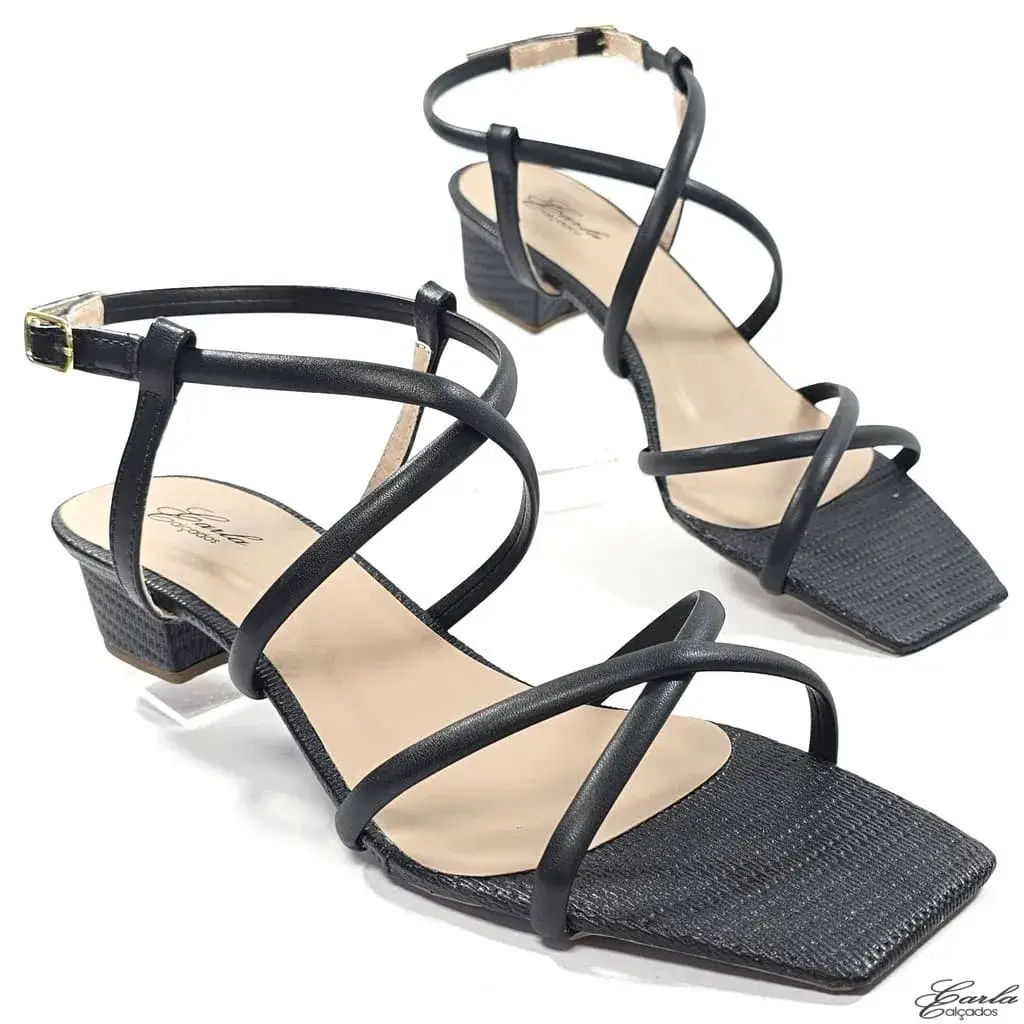 Sandália Preta Salto 3cm Tiras Finas Tamanho Especial
