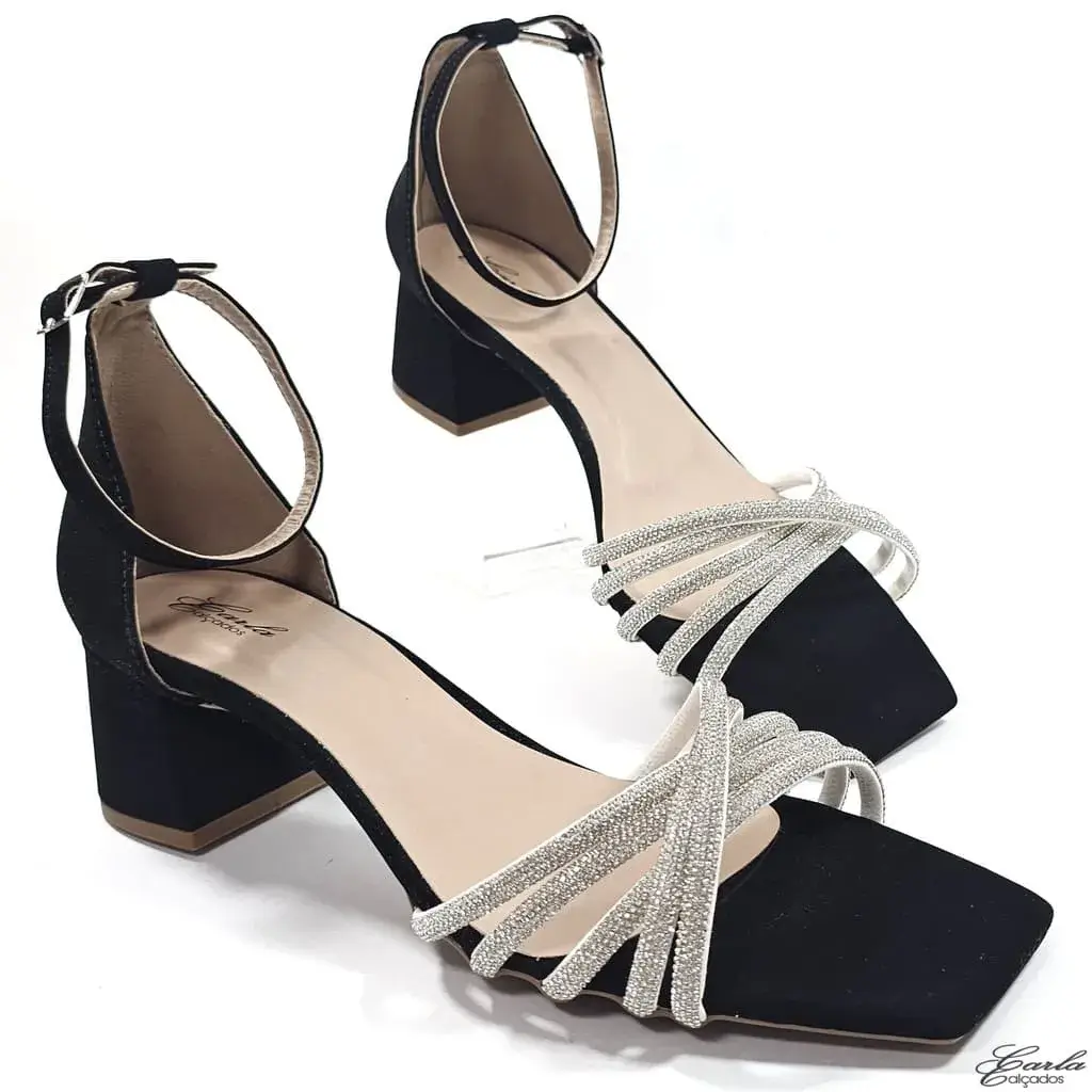 Sandália Salto 5cm Nobuck Preta Strass Tiras Cruzadas Tamanho Especial