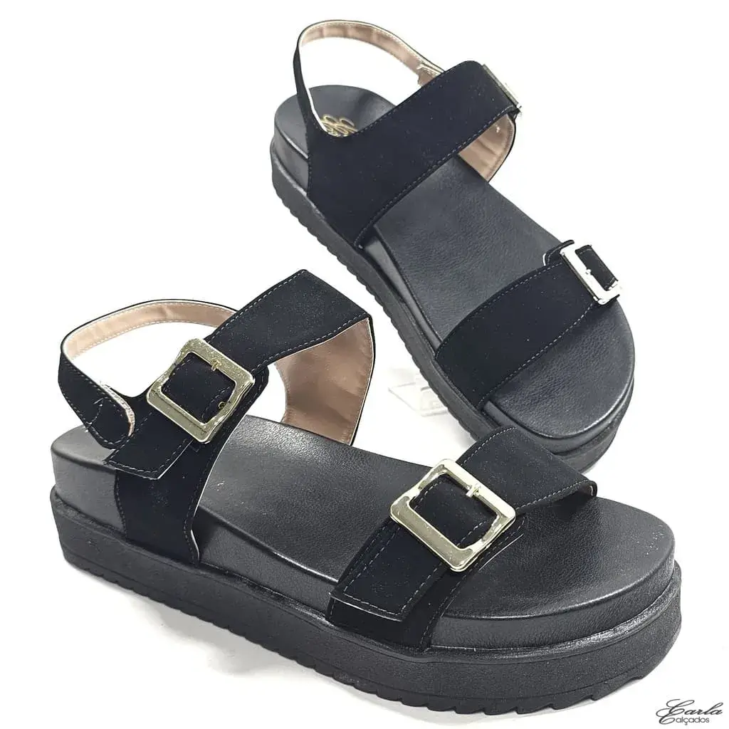 Papete Plataforma Boho Chic preta Fivelas Tamanho Especial