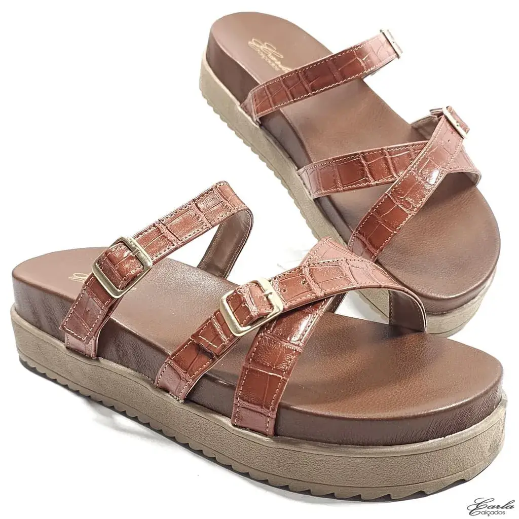 Papete Plataforma Croco Caramelo Tiras Cruzadas Tamanho Especial