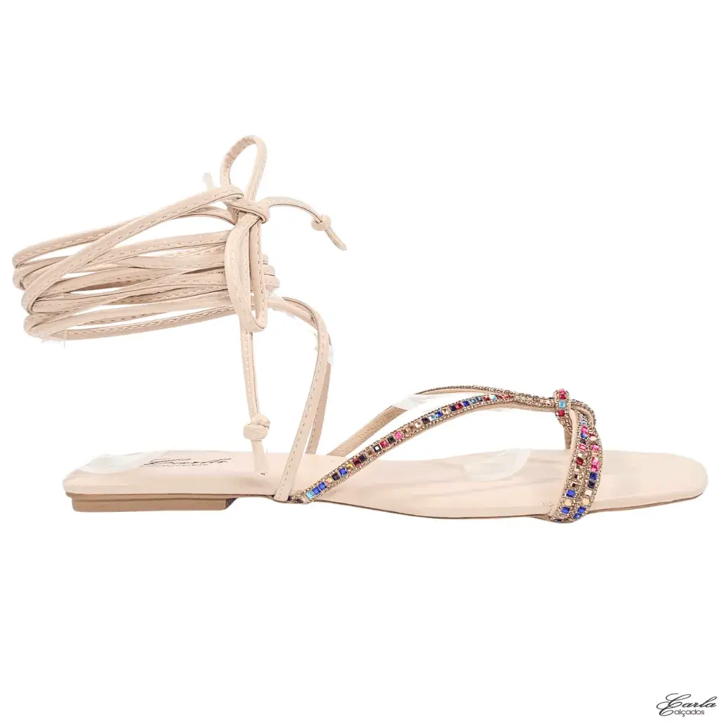 Rasteirinha Nude Amarração Strass Colorido Tamanho Especial