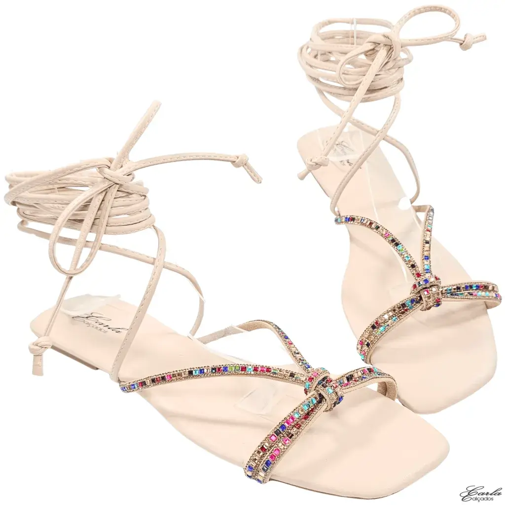 Rasteirinha Nude Amarração Strass Colorido Tamanho Especial