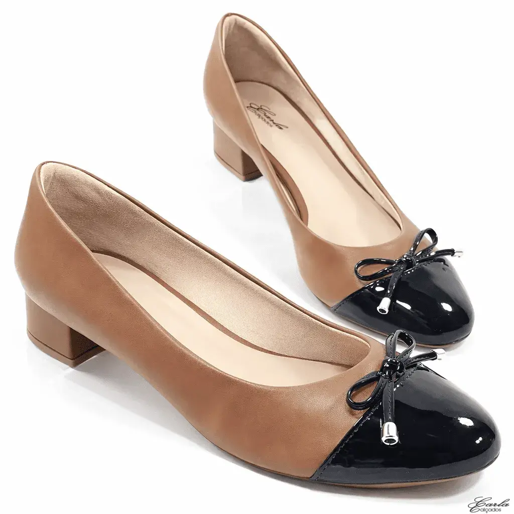Peep Toe Salto 5cm Caramelo e Preto Tamanho Especial