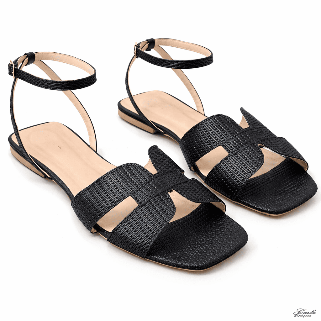 Rasteirinha Ráfia Preta Tiras Largas Numeração Especial 41 ao 44 (1)