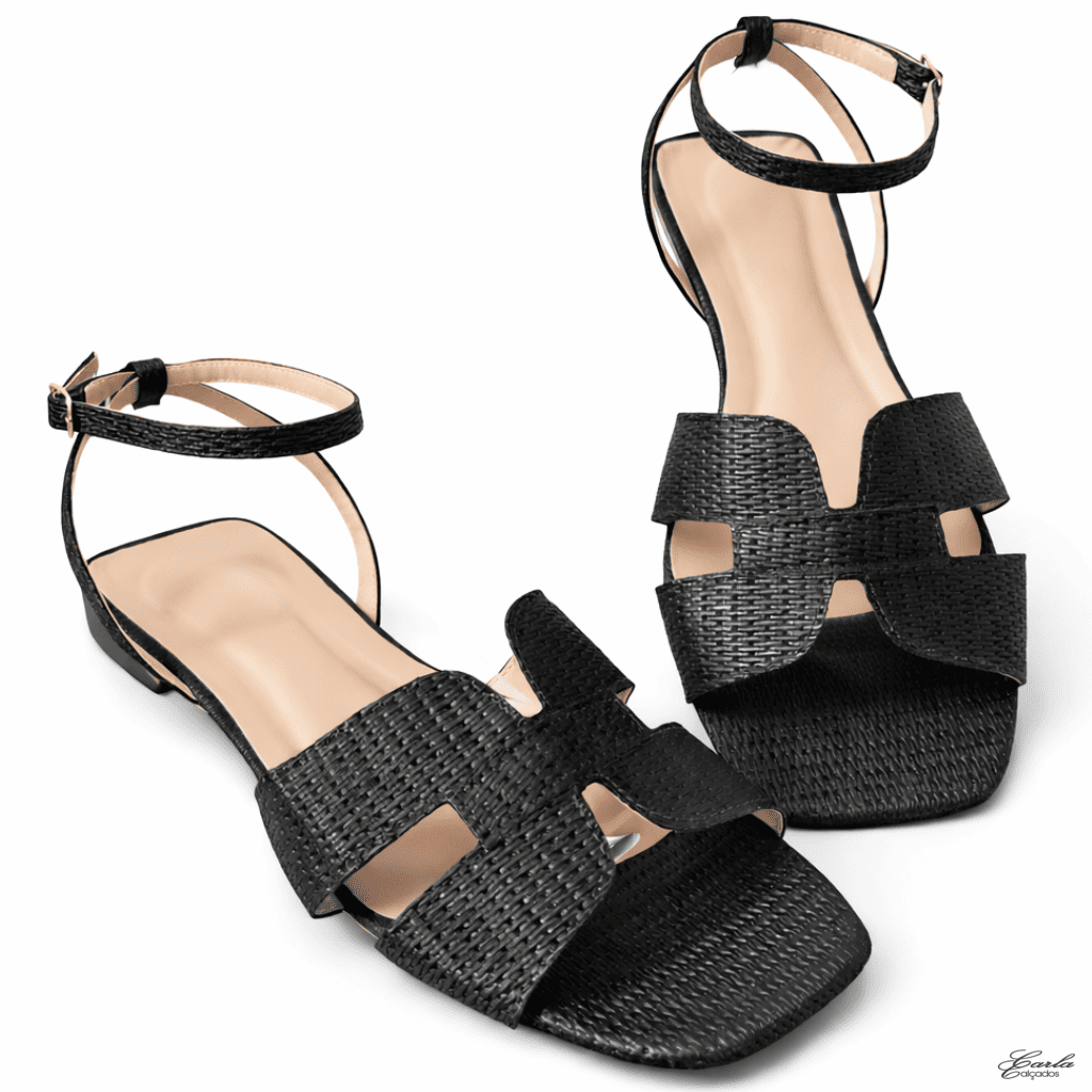 Rasteirinha Ráfia Preta Tiras Largas Numeração Especial 41 42 43 44