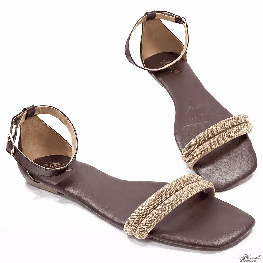 Rasteirinha Marrom Tiras Strass Tamanho Especial