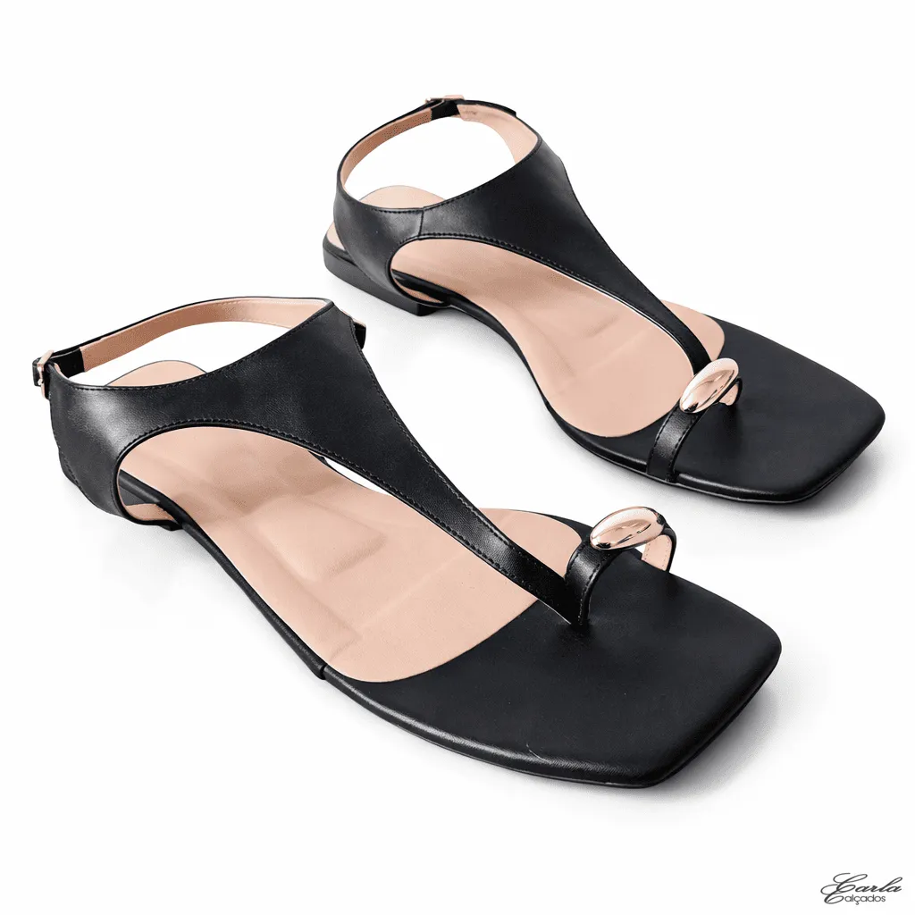 Sandália Rasteirinha Numeração Especial 41 42 43 44 Preta Bico Quadrado Elegante (12)
