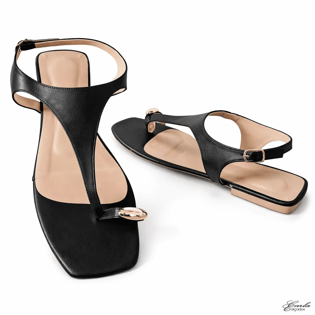 Sandália Rasteirinha Numeração Especial 41 42 43 44 Preta Bico Quadrado Elegante (3)