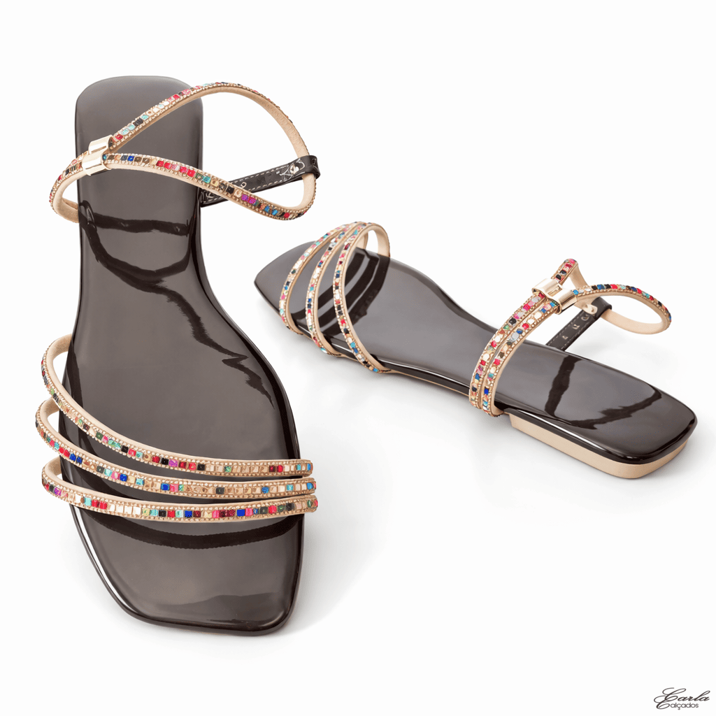 Sandália Rasteirinha Numeração Especial 41 42 43 44 Verniz Café Tiras Strass (1) Sandália Rasteirinha Numeração Especial 41 42 43 44 Verniz Café Tiras Strass