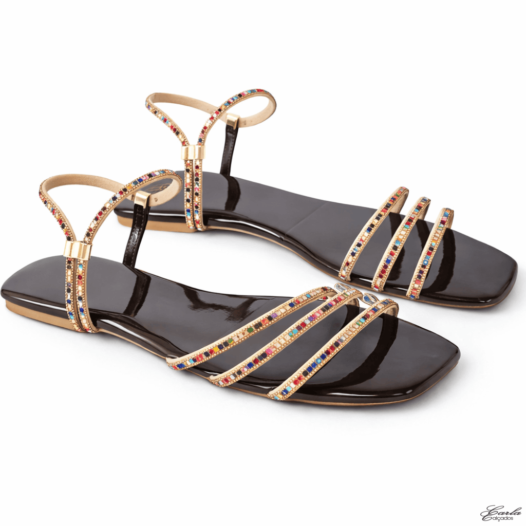 Sandália Rasteirinha Numeração Especial 41 42 43 44 Verniz Café Tiras Strass (4) Sandália Rasteirinha Numeração Especial 41 42 43 44 Verniz Café Tiras Strass