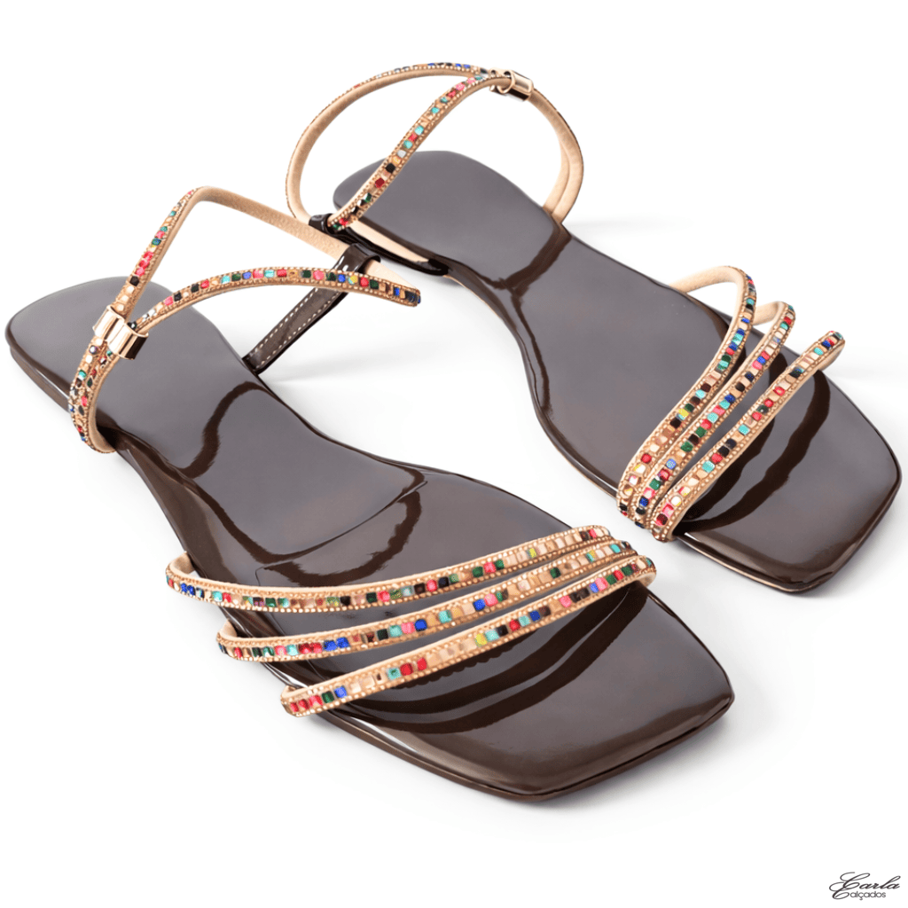 Sandália Rasteirinha Numeração Especial 41 42 43 44 Verniz Café Tiras Strass (5) Sandália Rasteirinha Numeração Especial 41 42 43 44 Verniz Café Tiras Strass