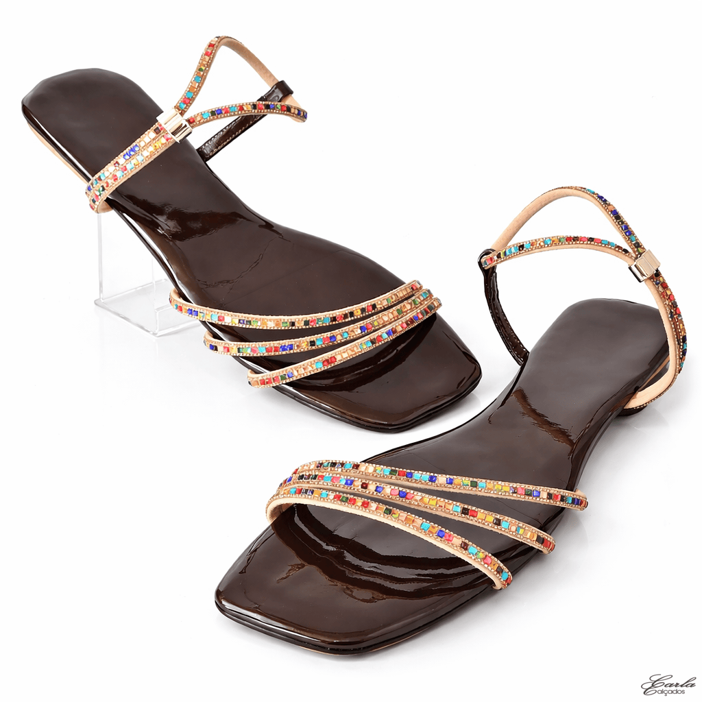 Sandália Rasteirinha Numeração Especial 41 42 43 44 Verniz Café Tiras Strass (7) Sandália Rasteirinha Numeração Especial 41 42 43 44 Verniz Café Tiras Strass
