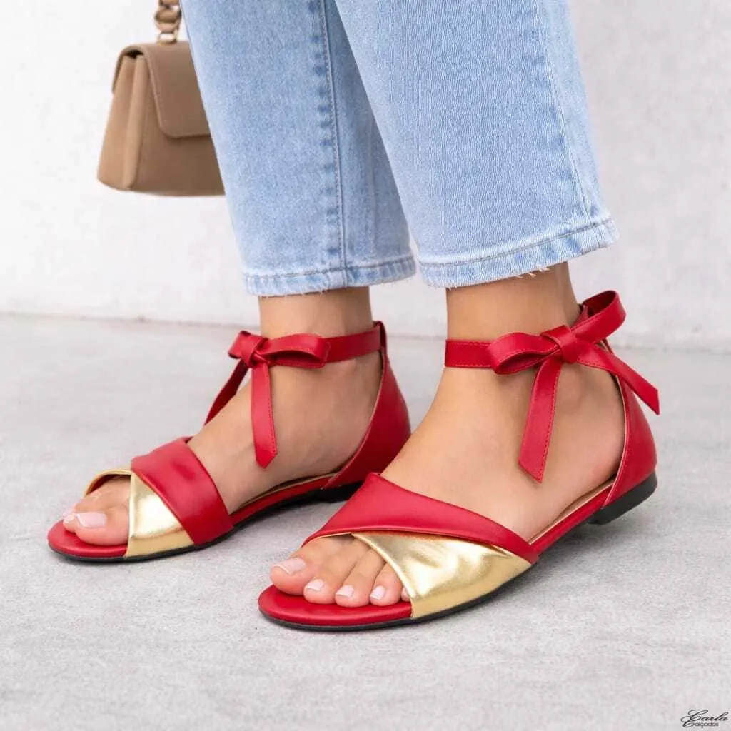 Rasteirinha Sandália Marsala e Dourado de Amarrar Tamanho Especial 41 ao 44