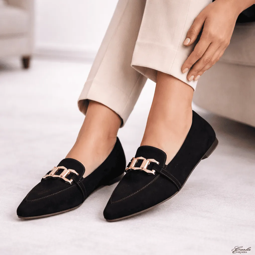 Sapatilha Mocassim Tamanho Especial Preta Nobuck Fivela