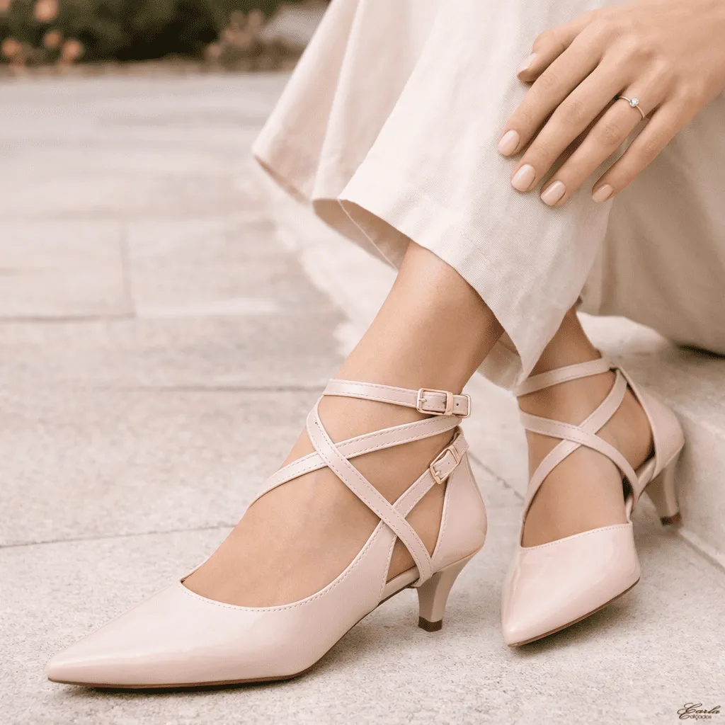 Scarpin Numeração Especial 41 ao 44 Salto 5cm Verniz Rosa Claro Tiras Cruzadas