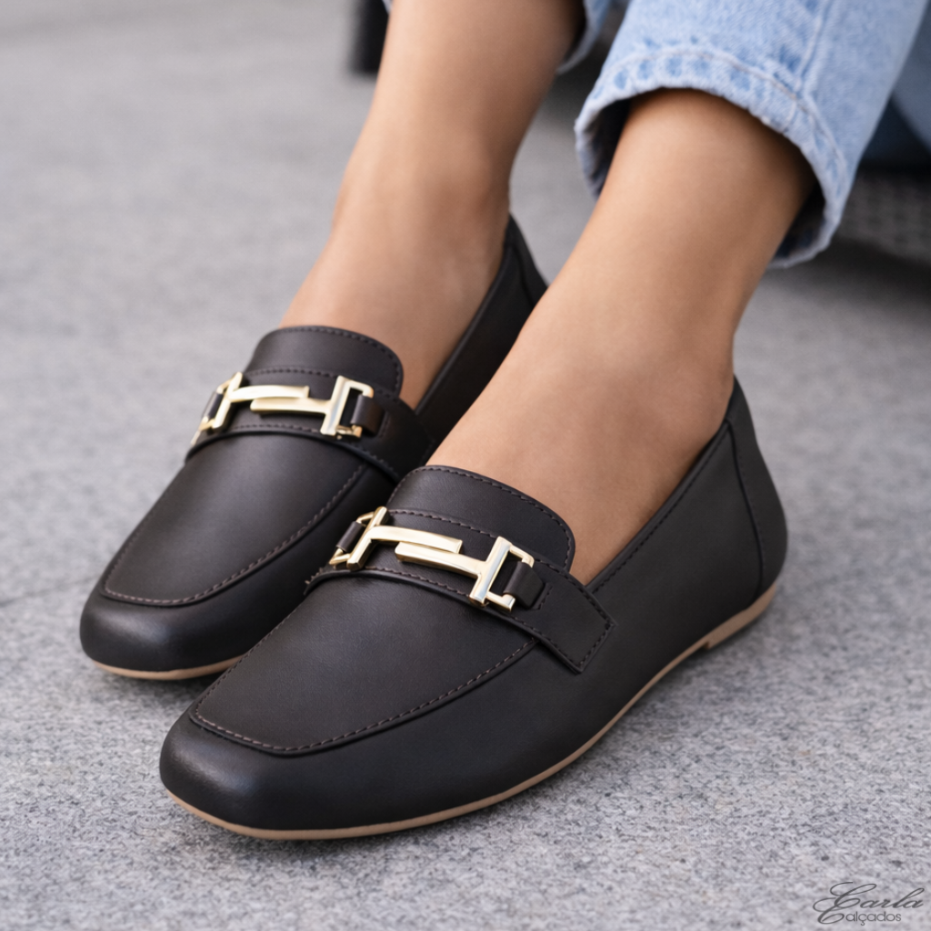 Sapatilha Mocassim Numeração Especial Preta Fivela Dourada Sapatilha Mocassim Numeração Especial Preta Fivela Dourada