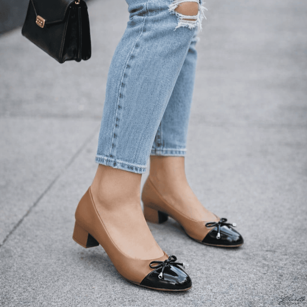 Peep Toe Salto 5cm Caramelo e Preto Tamanho Especial