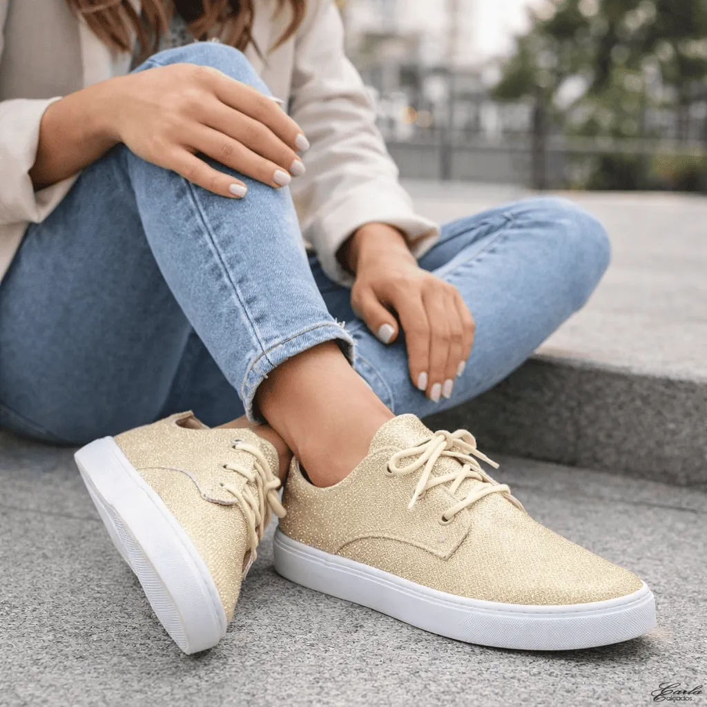 Tênis Feminino Tamanho Especial Brilho Dourado
