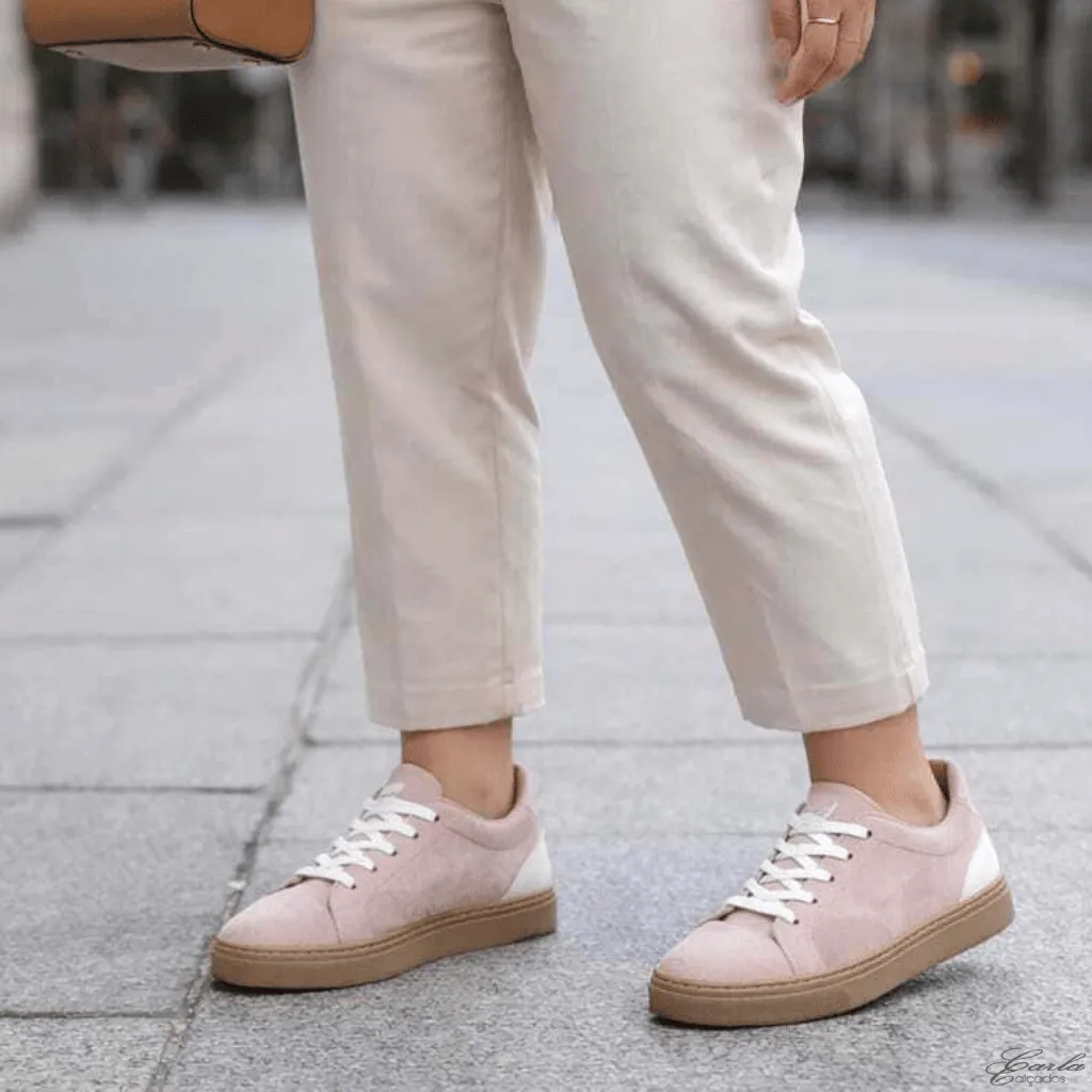 Tênis Feminino Tamanho Especial Suede Rose Sola Bege