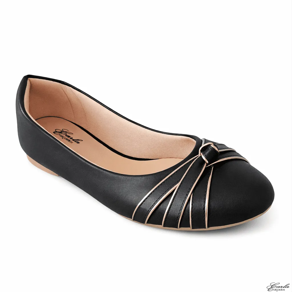 Sapatilha Preta Bico Redondo Numeração Especial Detalhe Tiras