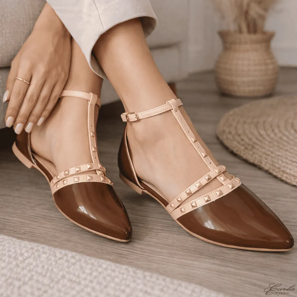 Sapatilha Slingback Numeração Especial Verniz Café Spikes 41 ao 44