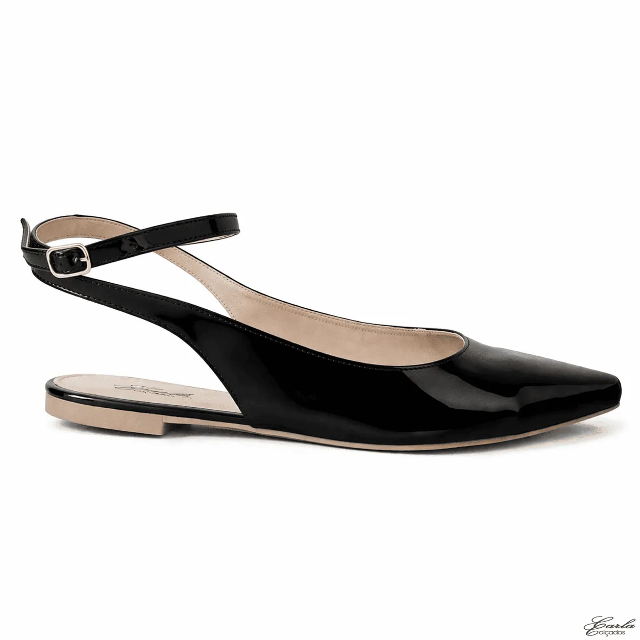Sapatilha Slingback Verniz Preto Bico Fino Tornozeleira Numeração Especial 41 ao 44