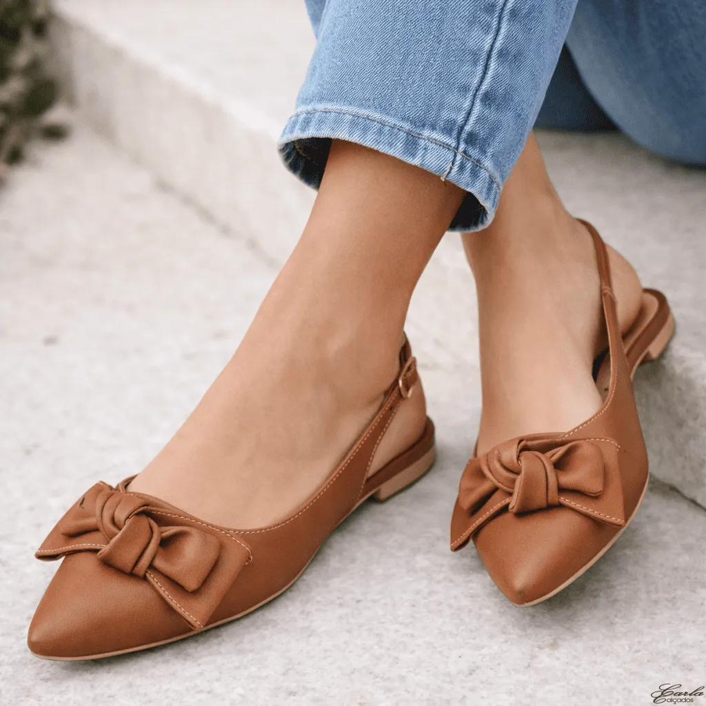 Sapatilha Slingback Marrom Laço Maxi Bico Fino Numeração Especial 41 ao 44