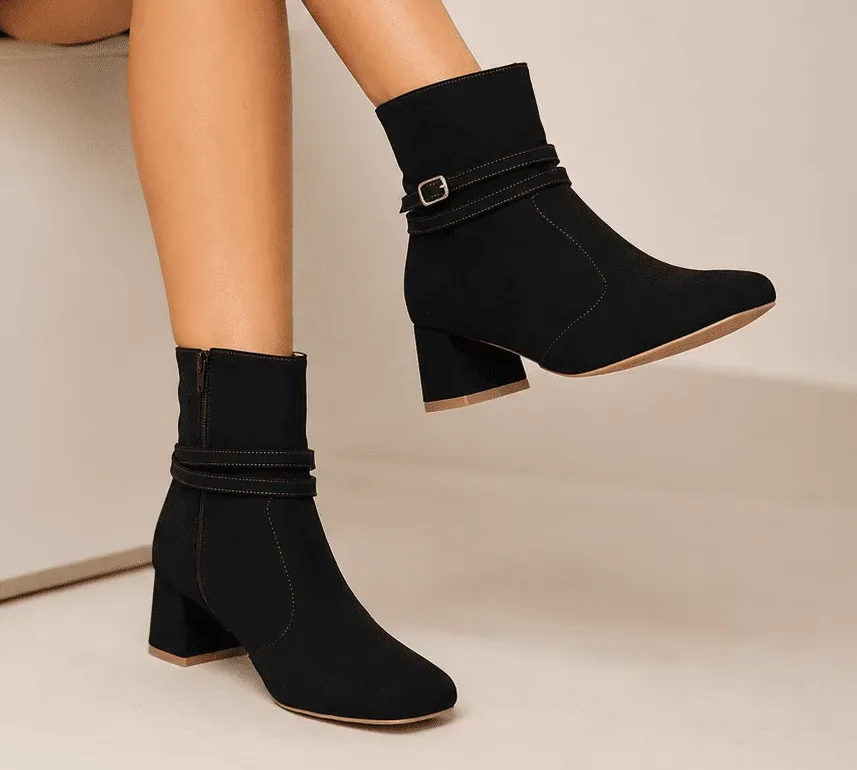 Bota Feminina 2 em 1 Tamanho Especial Nobuck Preto Salto Bloco 5cm