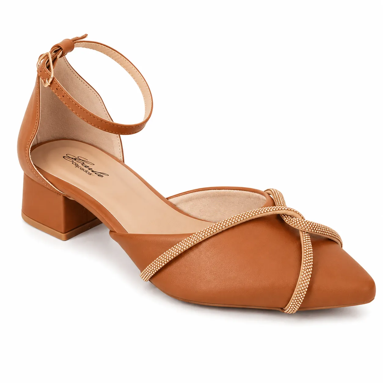 Scarpin Feminino Caramelo com Strass Salto Bloco 3 cm Tamanho Especial 40 ao 44 (2)