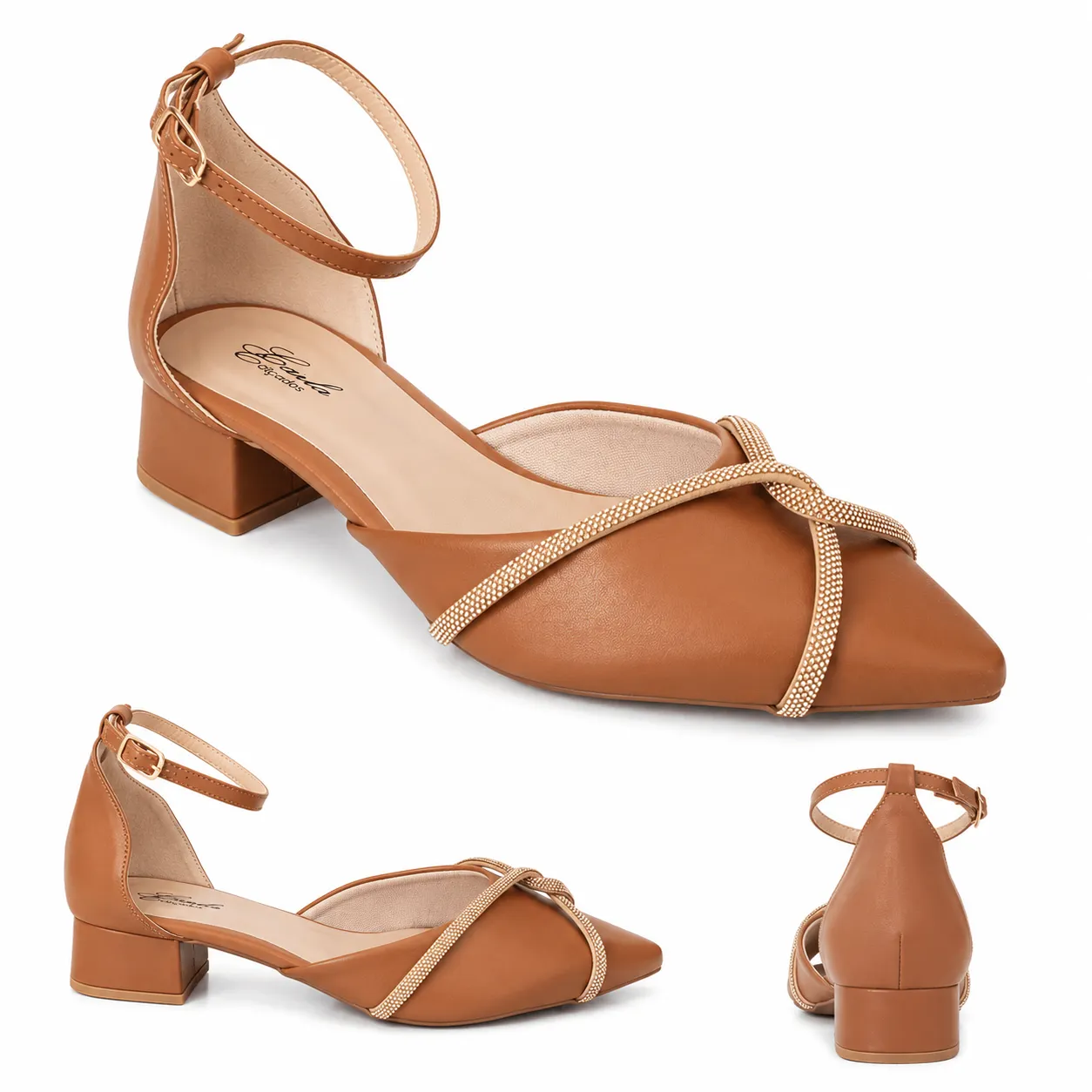 Scarpin Feminino Caramelo com Strass Salto Bloco 3 cm Tamanho Especial 40 ao 44 (3)
