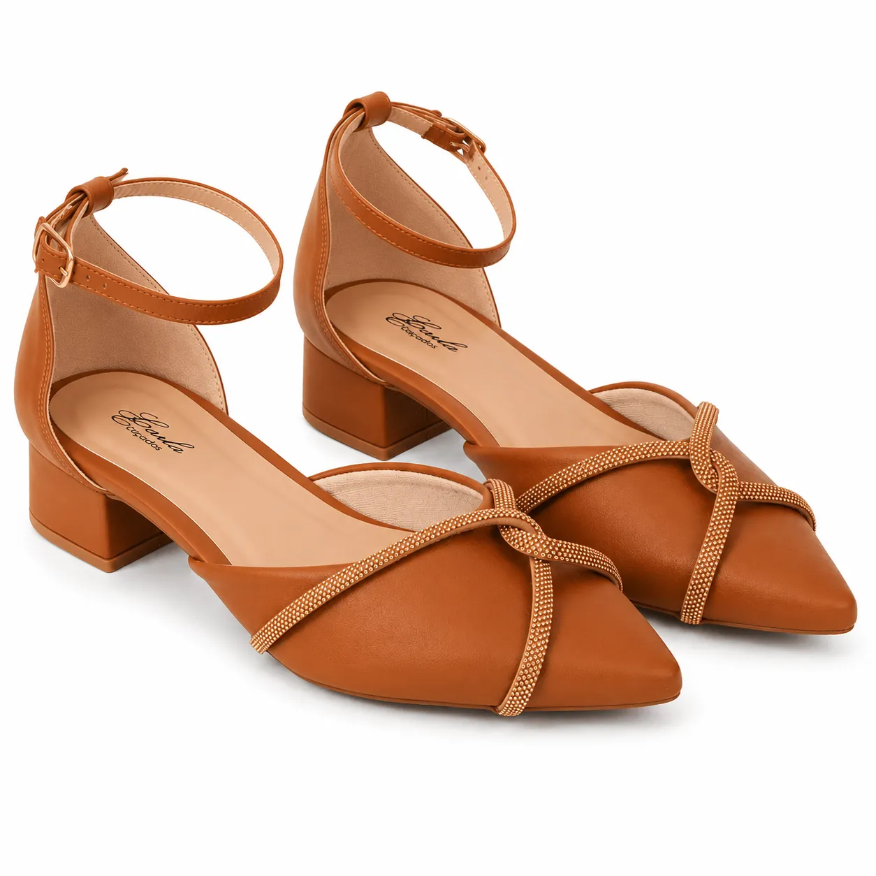 Scarpin Feminino Caramelo com Strass Salto Bloco 3 cm Tamanho Especial 40 ao 44 (5)